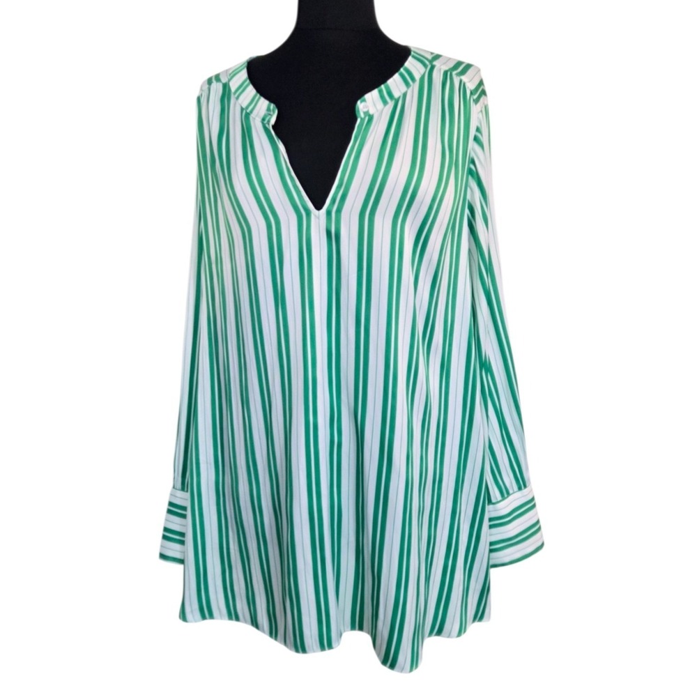 Lane Bryant Kelly Green White Stripe Silky Tunic Top Wide Cuffs Size 26/28 or 4X